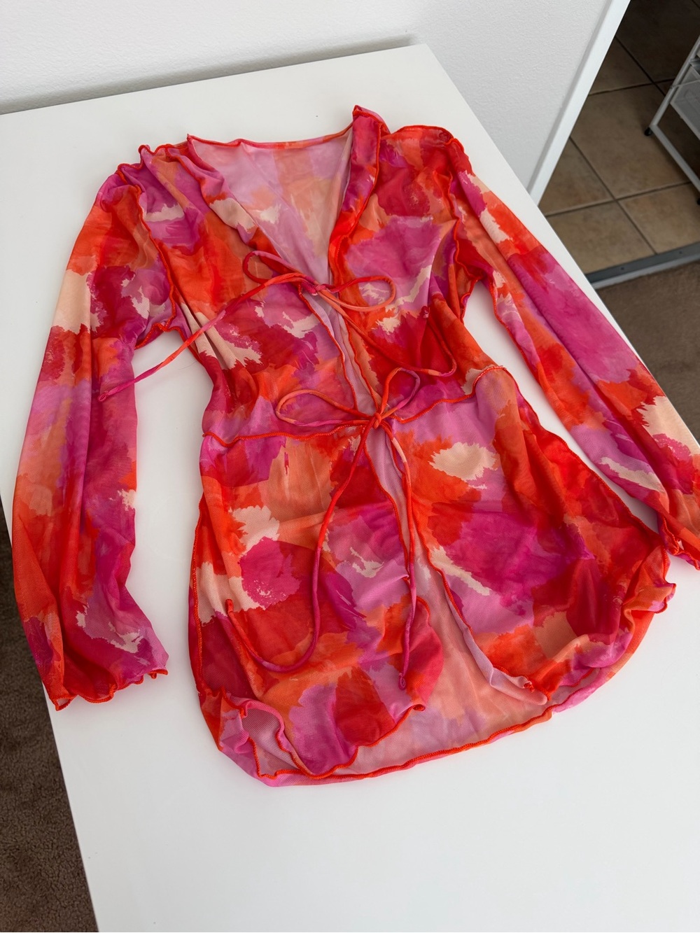Sheer Tie-Front Floral Mesh Top in Red & Pink